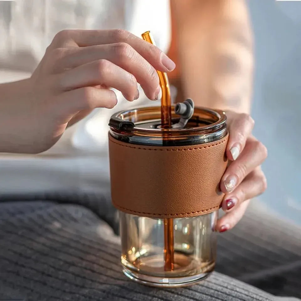 Gorgeous Double-Layer Travel Tumbler with Leather Grip & Straw – 300ml