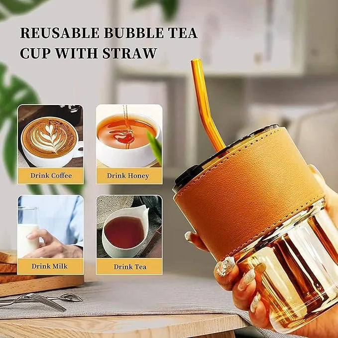 Gorgeous Double-Layer Travel Tumbler with Leather Grip & Straw – 300ml
