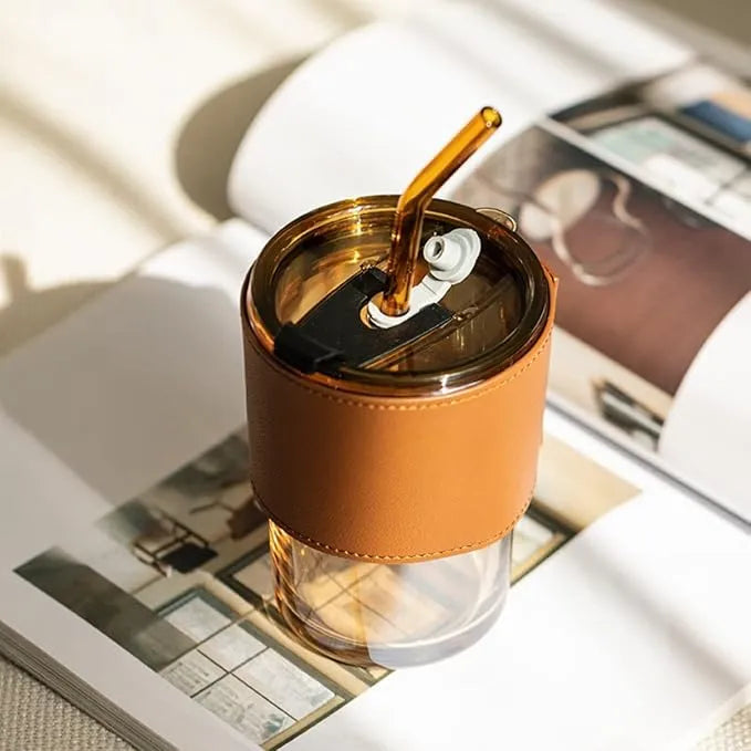 Gorgeous Double-Layer Travel Tumbler with Leather Grip & Straw – 300ml